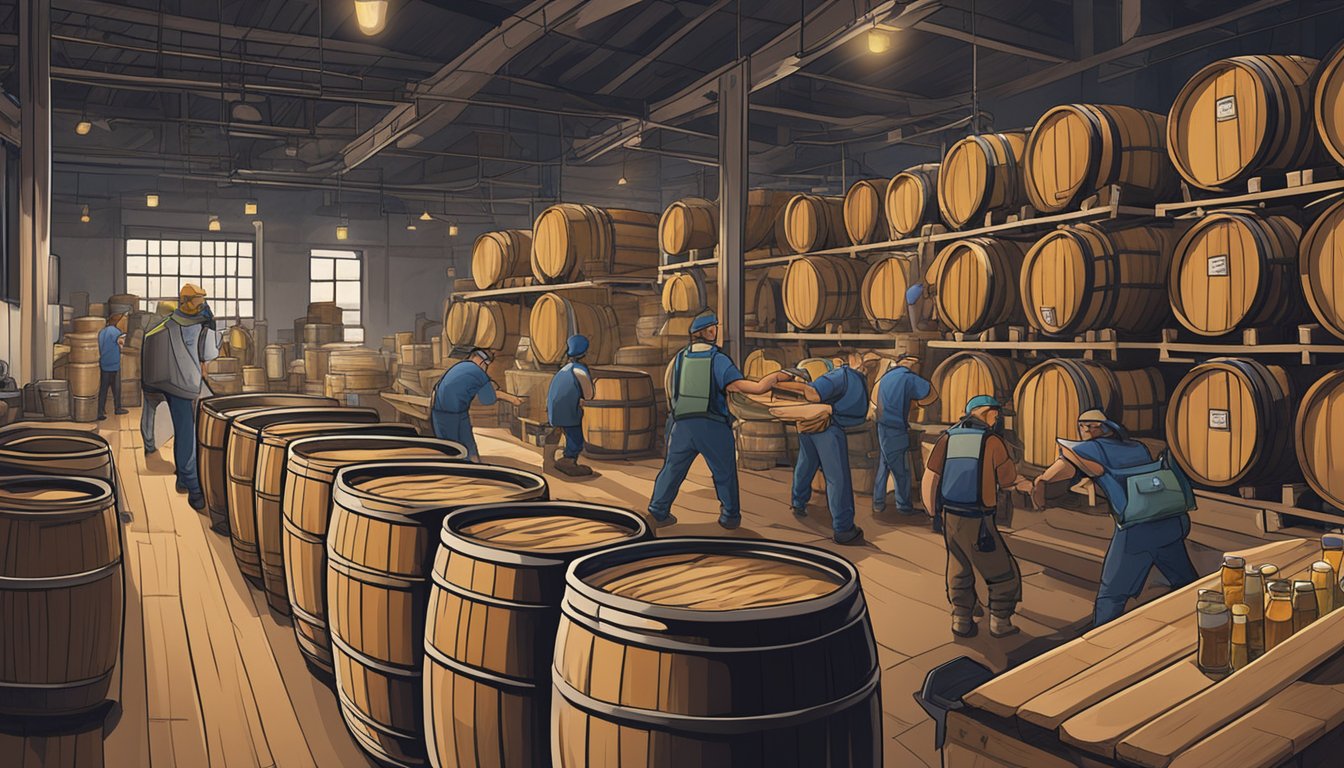 A bustling brewery in Spokane Valley, WA with workers brewing and bottling craft beer, surrounded by stacks of barrels and hops