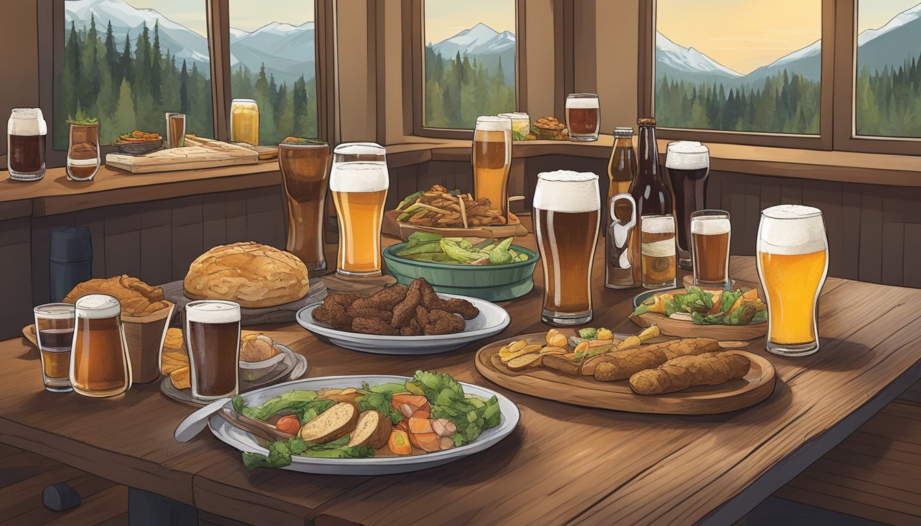 A table set with a variety of local craft beers and paired food in a cozy Spokane Valley, WA brewery