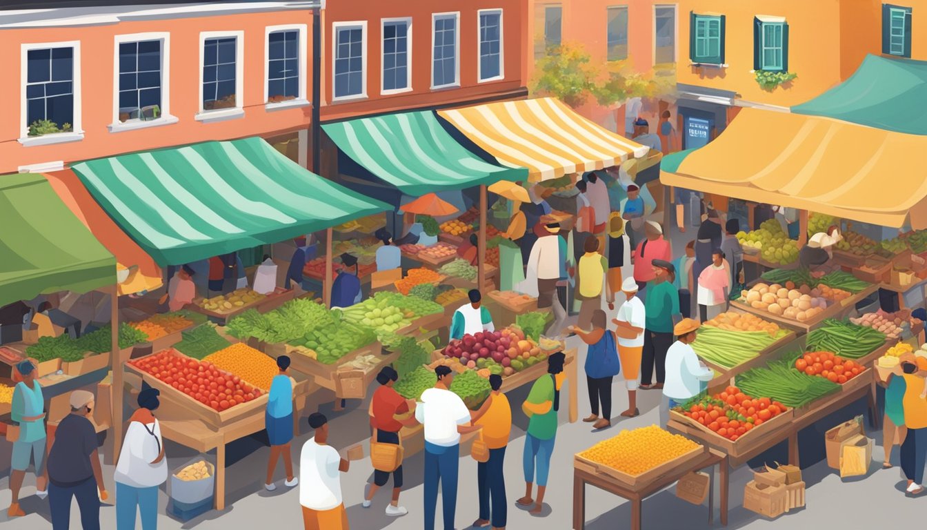 A bustling farmers' market with colorful stalls of fresh produce, local honey, and artisanal goods. Shoppers chat with farmers and vendors, enjoying the vibrant atmosphere