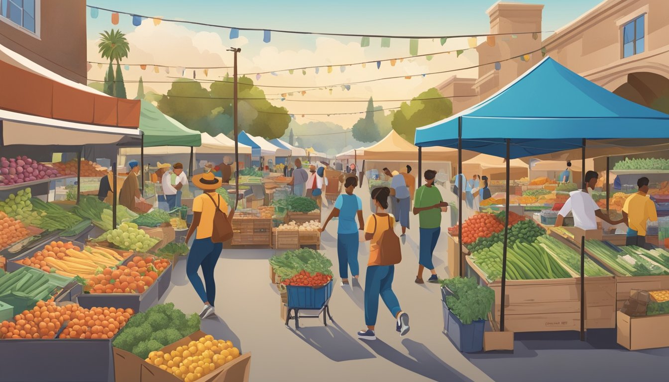 A bustling farmers market with colorful stalls selling locally-sourced produce and packaged goods. A sign advertises "Local Food Co-op Guide" with a map of Modesto, CA