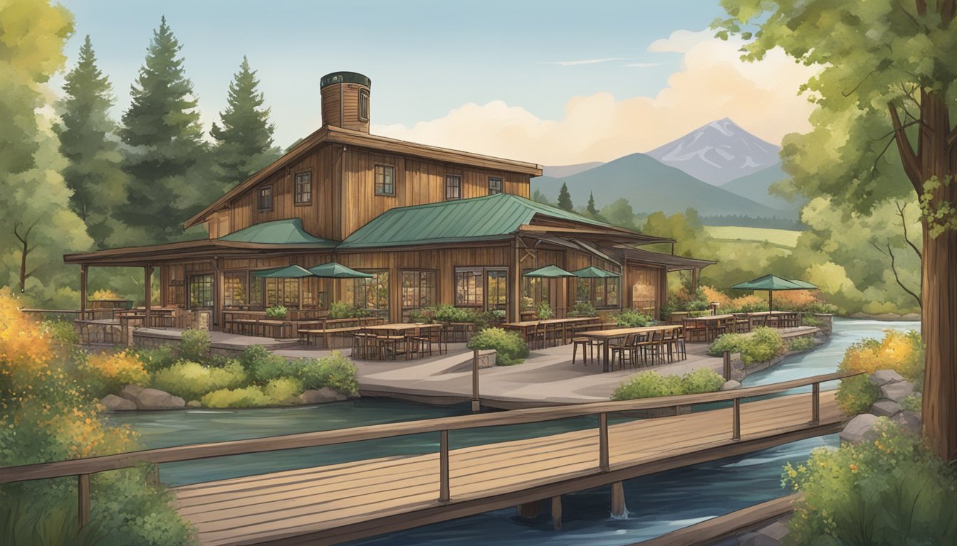 A rustic brewery with outdoor seating, surrounded by lush greenery and a flowing river, with a backdrop of the Spokane Valley, WA