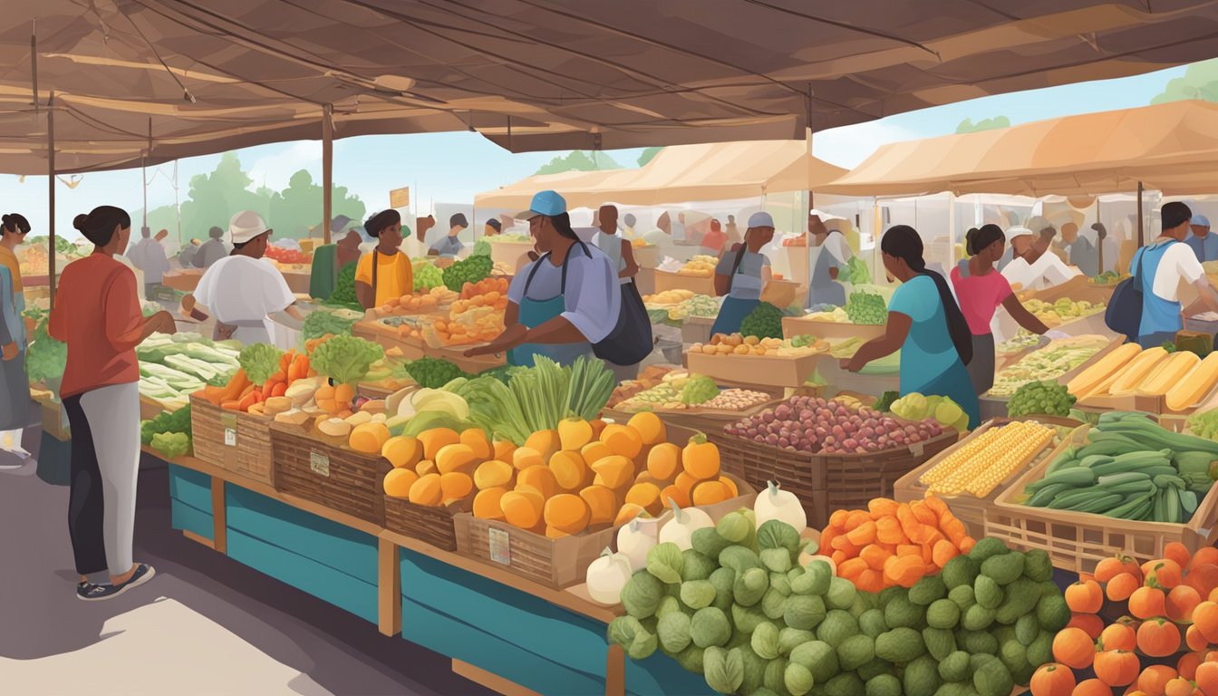 A bustling market with a variety of locally produced foods on display, including fruits, vegetables, cheeses, and baked goods