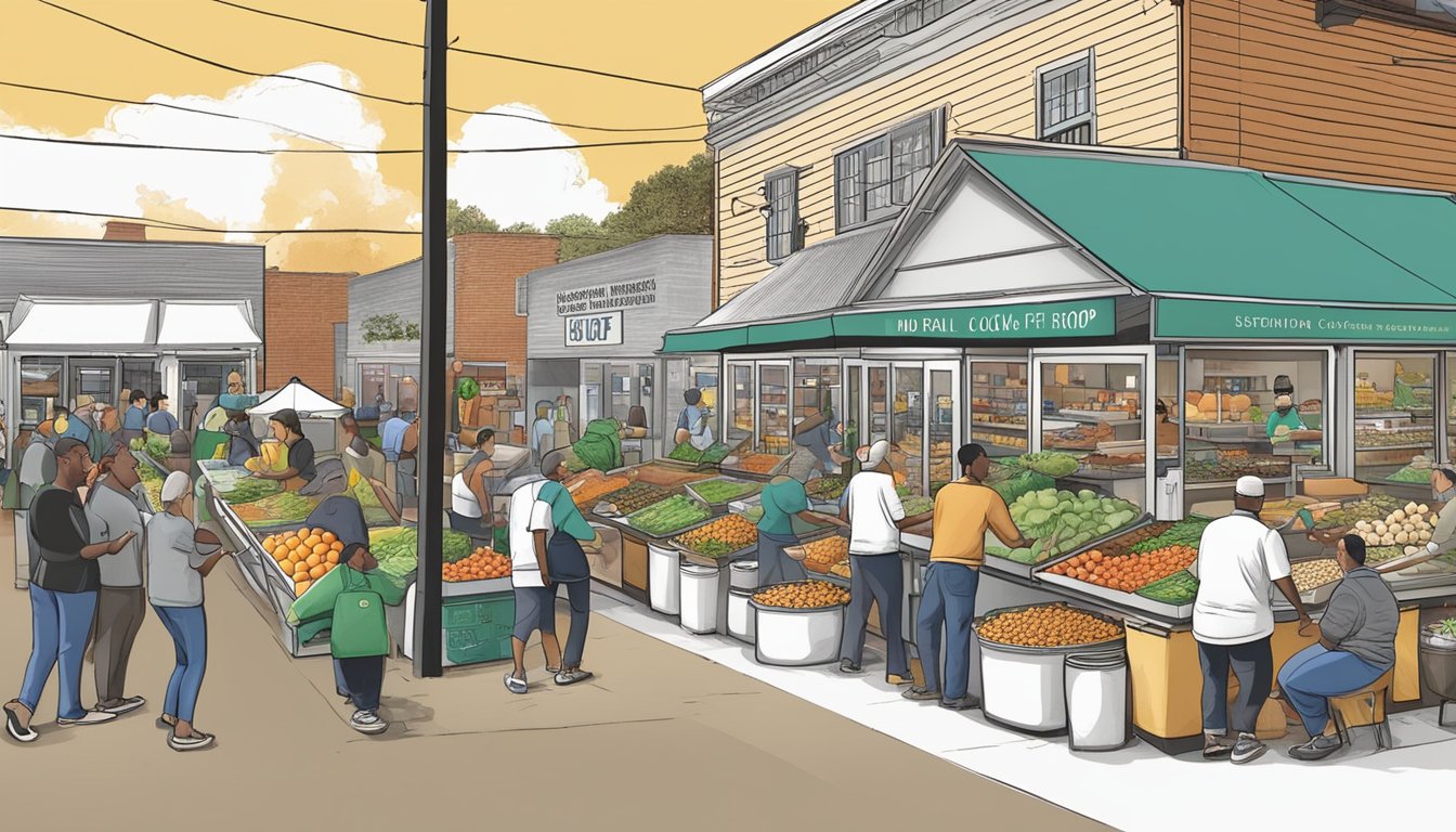 A bustling local food coop in Norfolk, VA, with vendors and customers interacting and engaging in community support