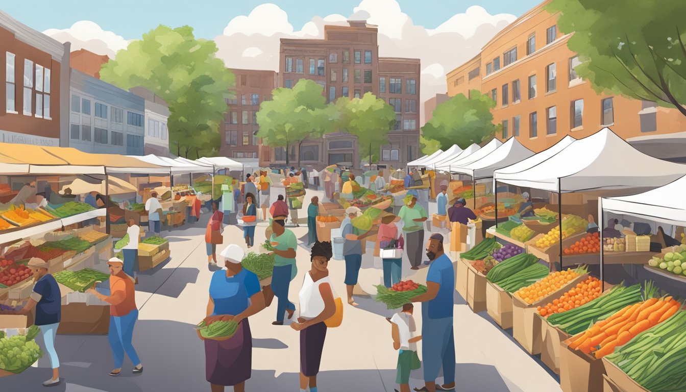 A bustling farmers' market with colorful produce stalls and vendors selling fresh, locally-sourced food in Winston Salem, NC