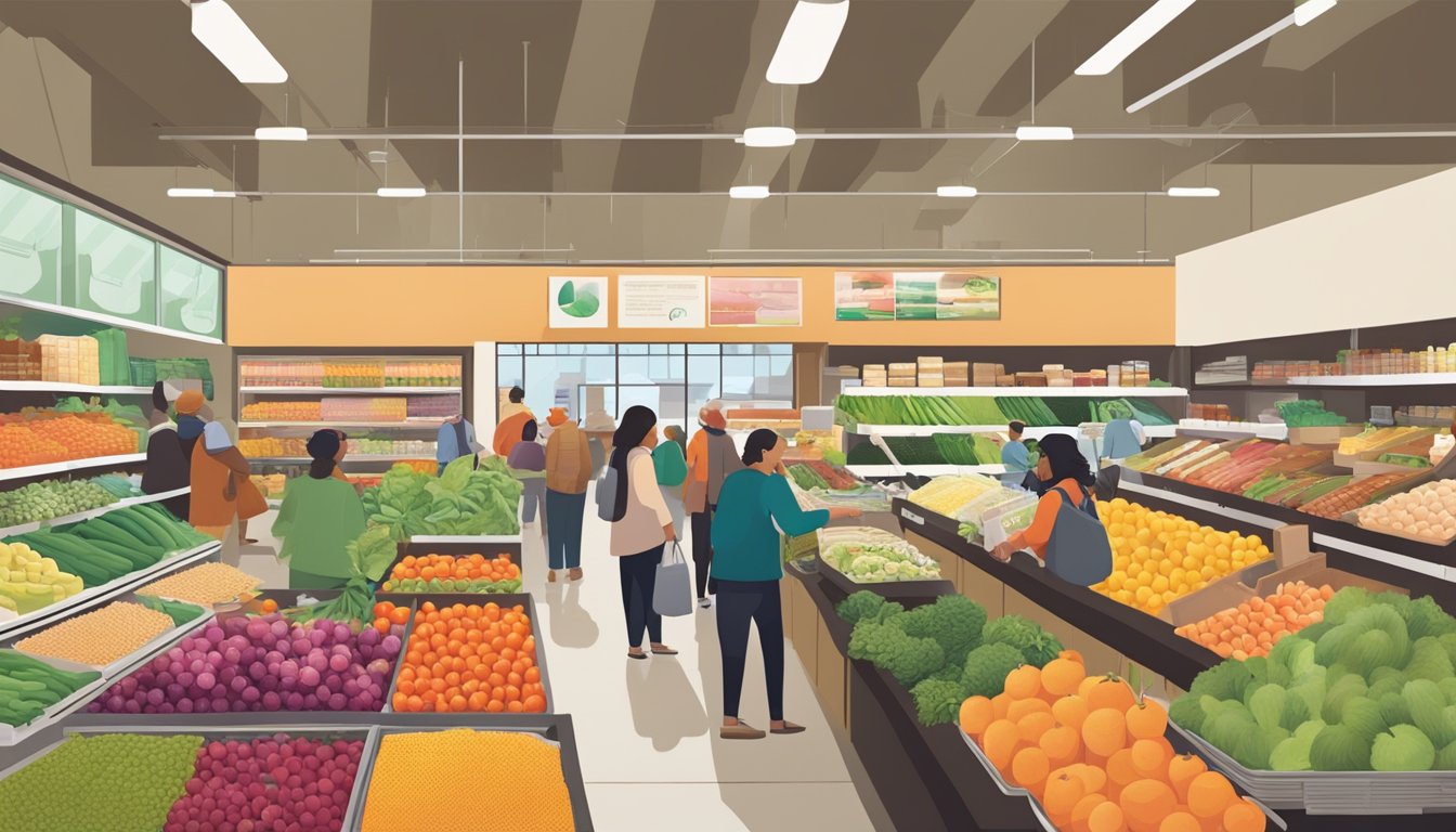 A bustling food co-op market with colorful produce, locally sourced goods, and a diverse array of customers browsing the aisles