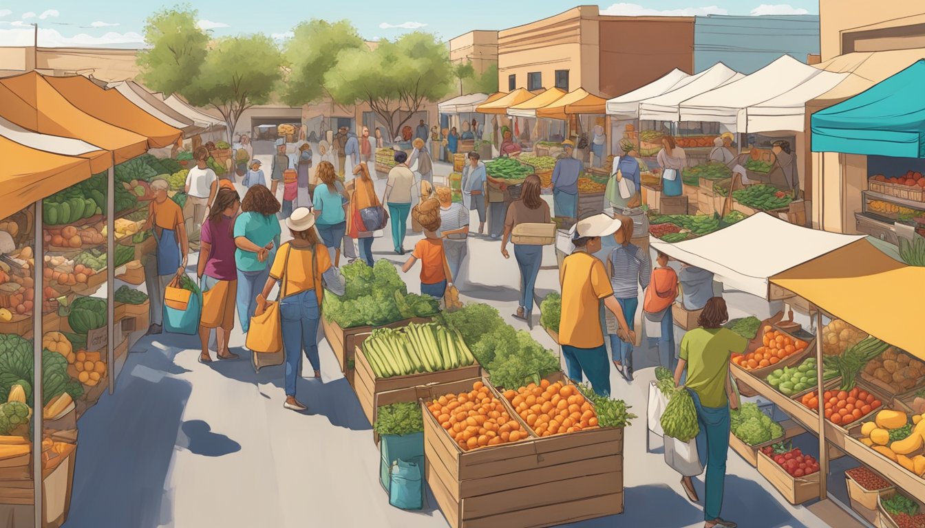 A bustling farmers market with colorful produce, artisanal goods, and local vendors showcasing the vibrant local food movement in Scottsdale, AZ