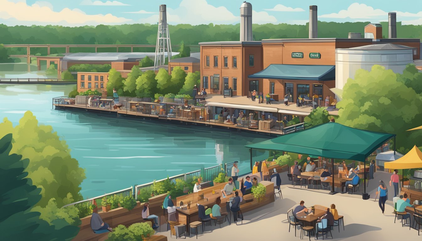 A bustling brewery with a backdrop of the Green Bay skyline, surrounded by lush greenery and a flowing river. Outdoor seating is filled with locals enjoying craft beer