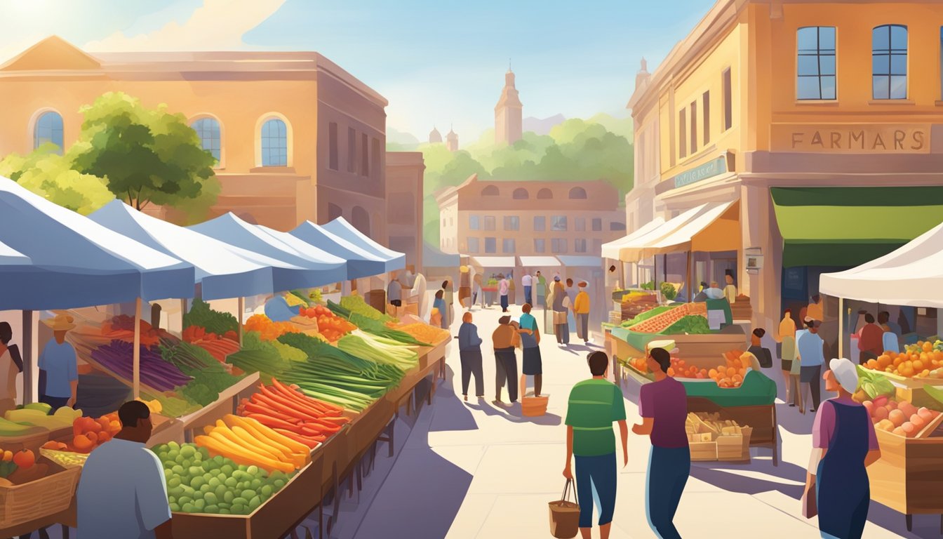 A bustling farmers' market with colorful produce stalls and a variety of local, organic food vendors. The sun shines down on the vibrant scene