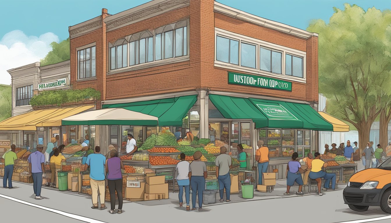 A bustling local food co-op with people receiving additional services and community outreach in Winston Salem, NC