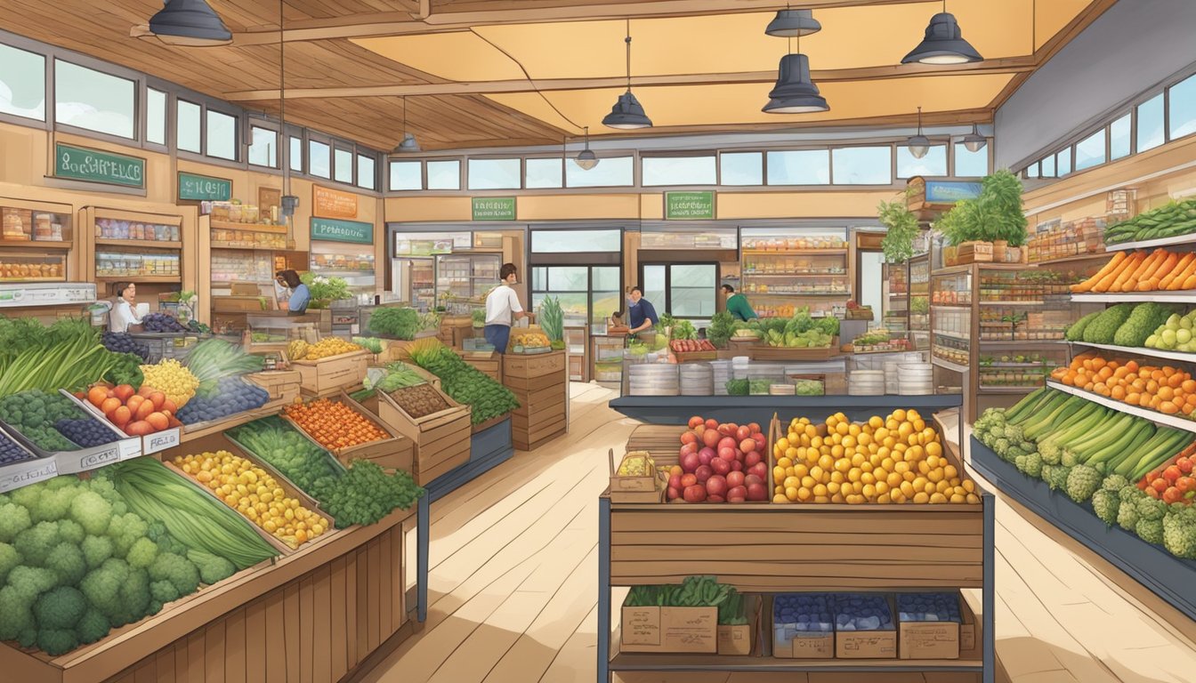 A bustling local food co-op with colorful produce, shelves of artisanal products, and a friendly, community-oriented atmosphere