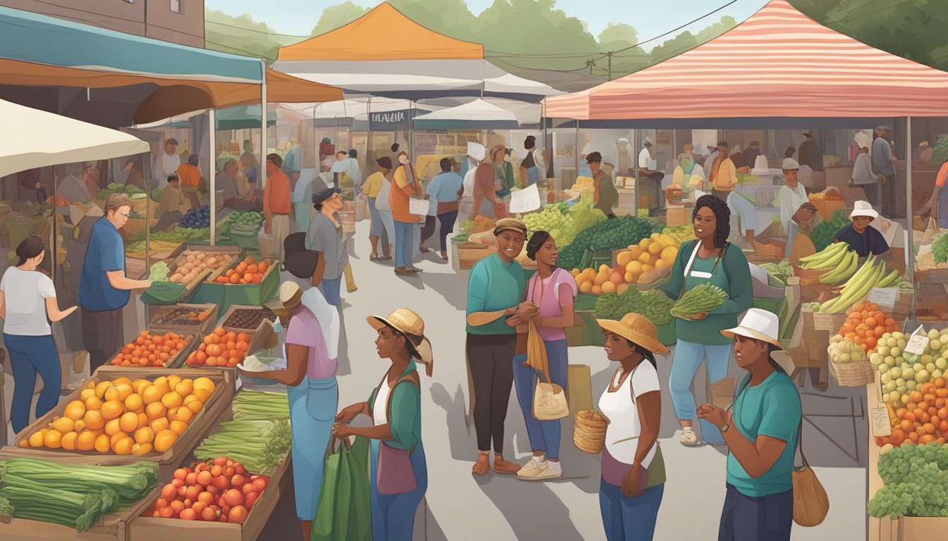 A bustling farmers' market, with colorful stalls and a diverse array of fresh produce and artisanal goods. Customers chat with local vendors, exchanging money for their purchases