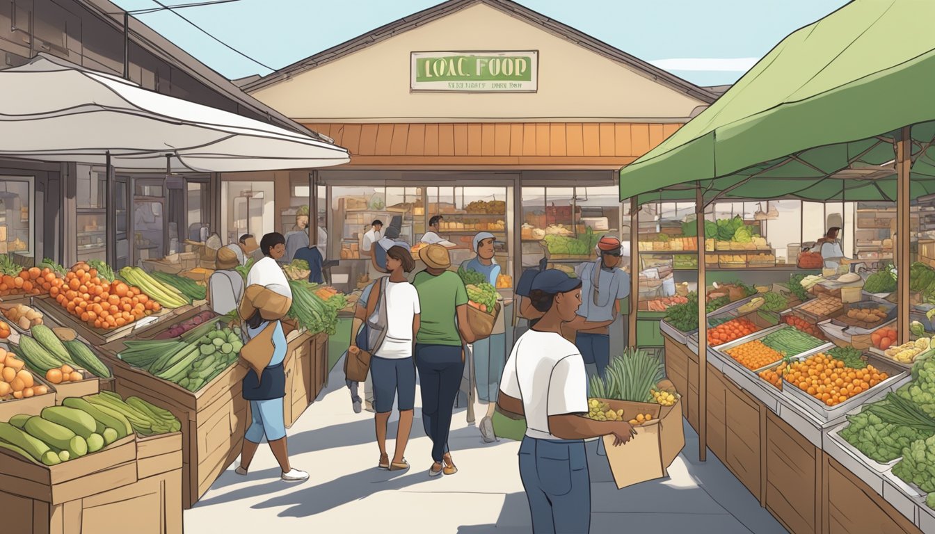 A bustling local food coop with a variety of fresh produce, artisanal goods, and engaged customers browsing and chatting with vendors