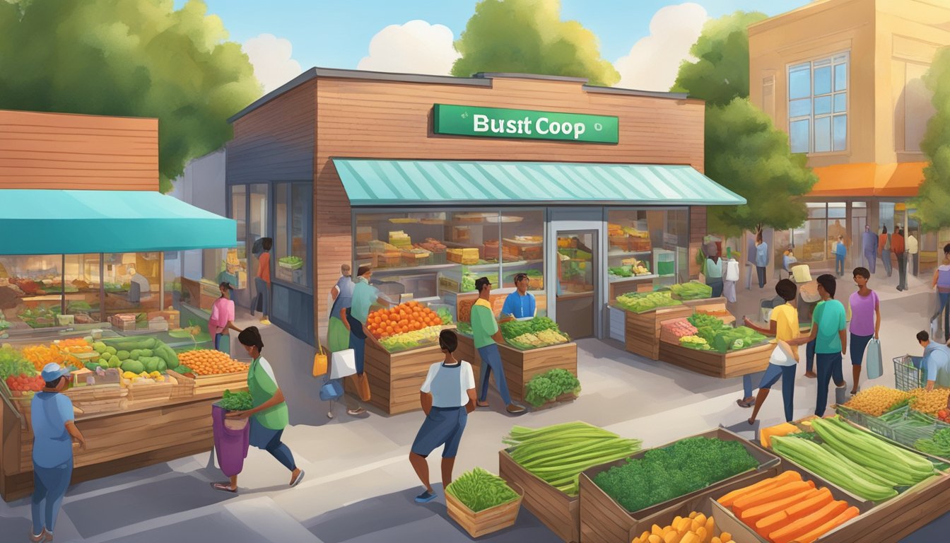 A bustling local food co-op with vendors and customers, surrounded by a vibrant community and a bright future outlook