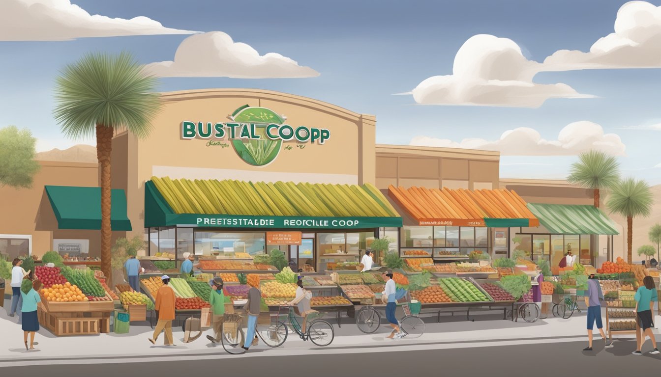 A bustling local food coop in Scottsdale, Arizona, with colorful produce, local products, and friendly customers supporting the local ecosystem