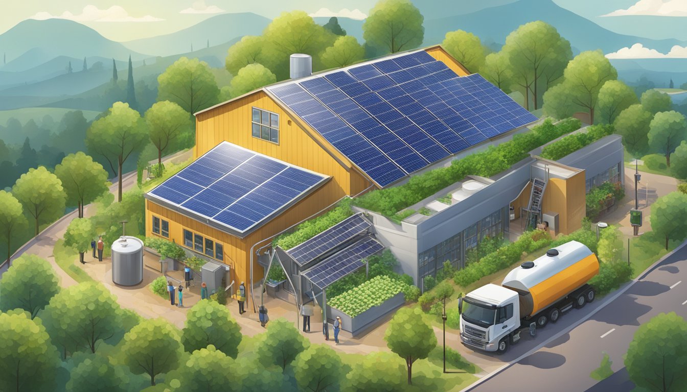 A bustling brewery with solar panels, a rainwater collection system, and lush greenery surrounding the building