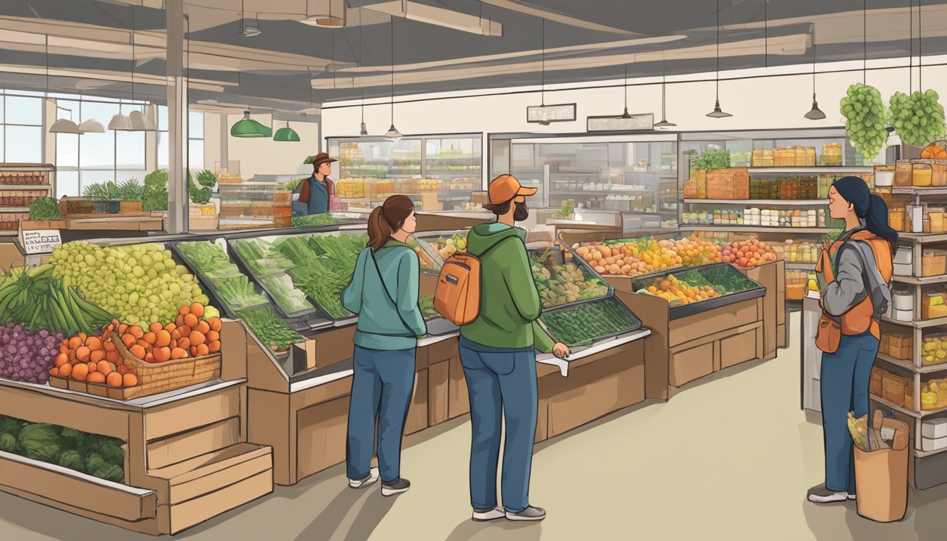 A bustling local food co-op in Sioux Falls, SD, with shelves stocked with fresh produce, bulk goods, and local artisanal products. Customers chat with friendly staff as they browse the aisles