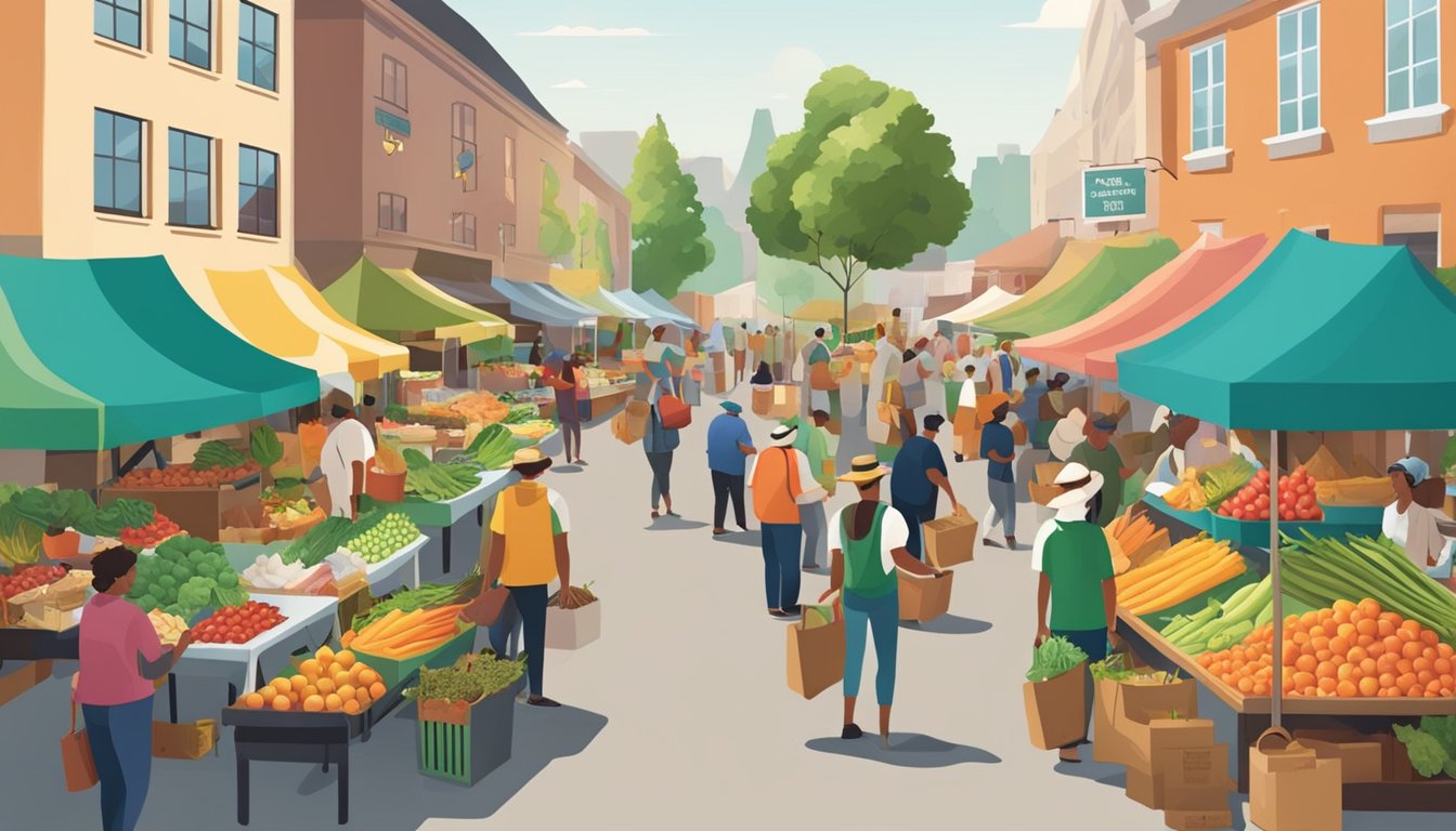 A bustling farmers' market with diverse vendors and customers browsing fresh produce and local goods