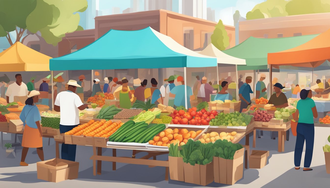 A bustling farmers' market with colorful stalls and a diverse array of fresh produce, baked goods, and artisanal products