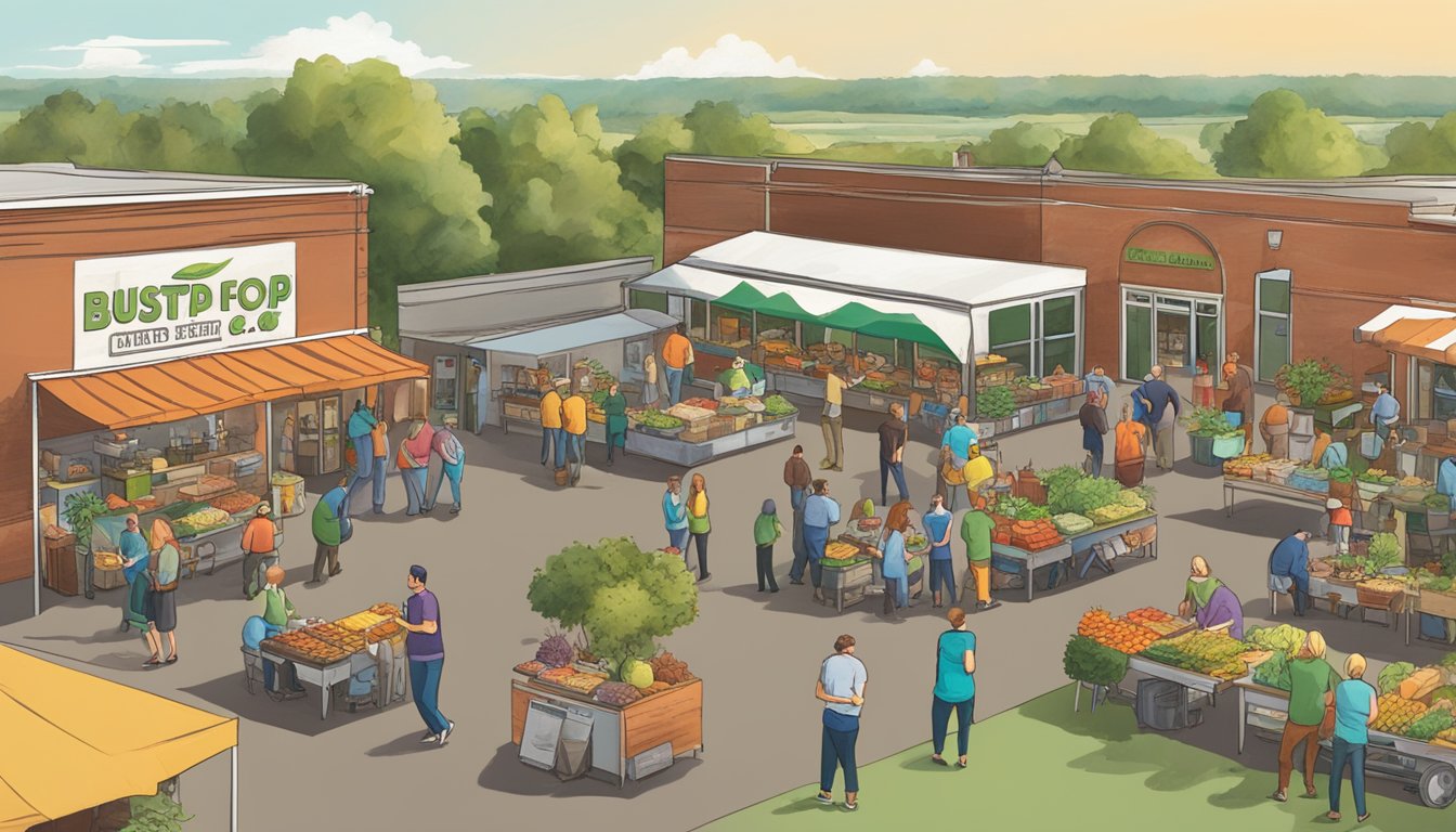 A bustling local food co-op event in Sioux Falls, SD, with vendors, live music, and community members engaging with each other