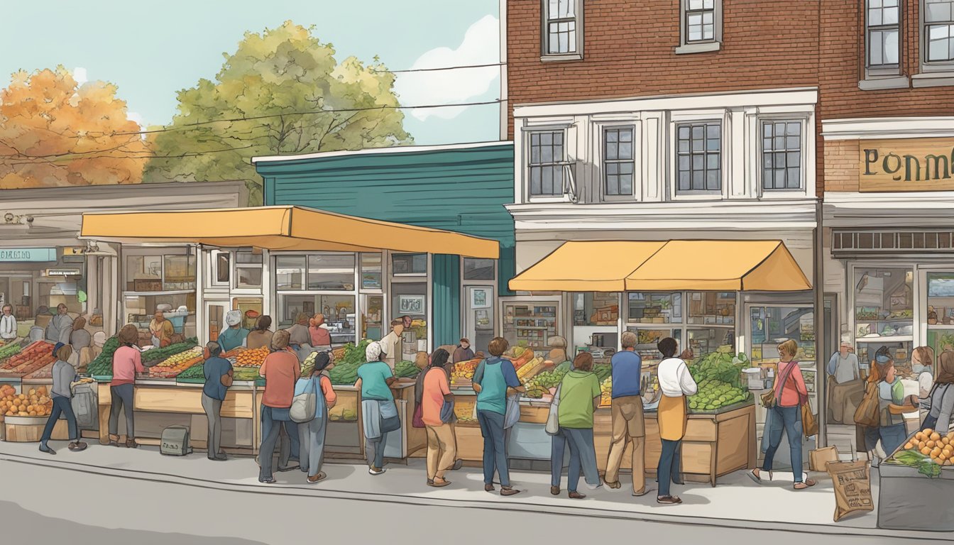 A bustling local food co-op in Richmond, VA, with members shopping and engaging in community events