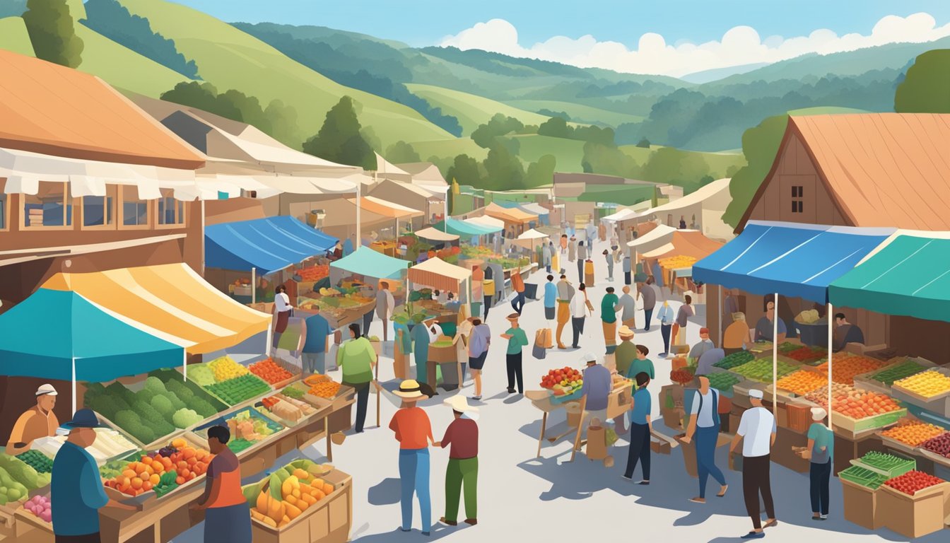 A bustling farmers' market with colorful produce stalls and a variety of local food vendors, set against a backdrop of rolling hills and a clear blue sky