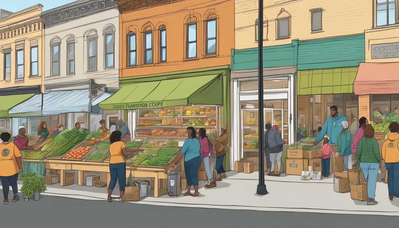 A bustling local food coop in Richmond, VA, with diverse produce and products, community members engaging in conversation, and volunteers organizing donations