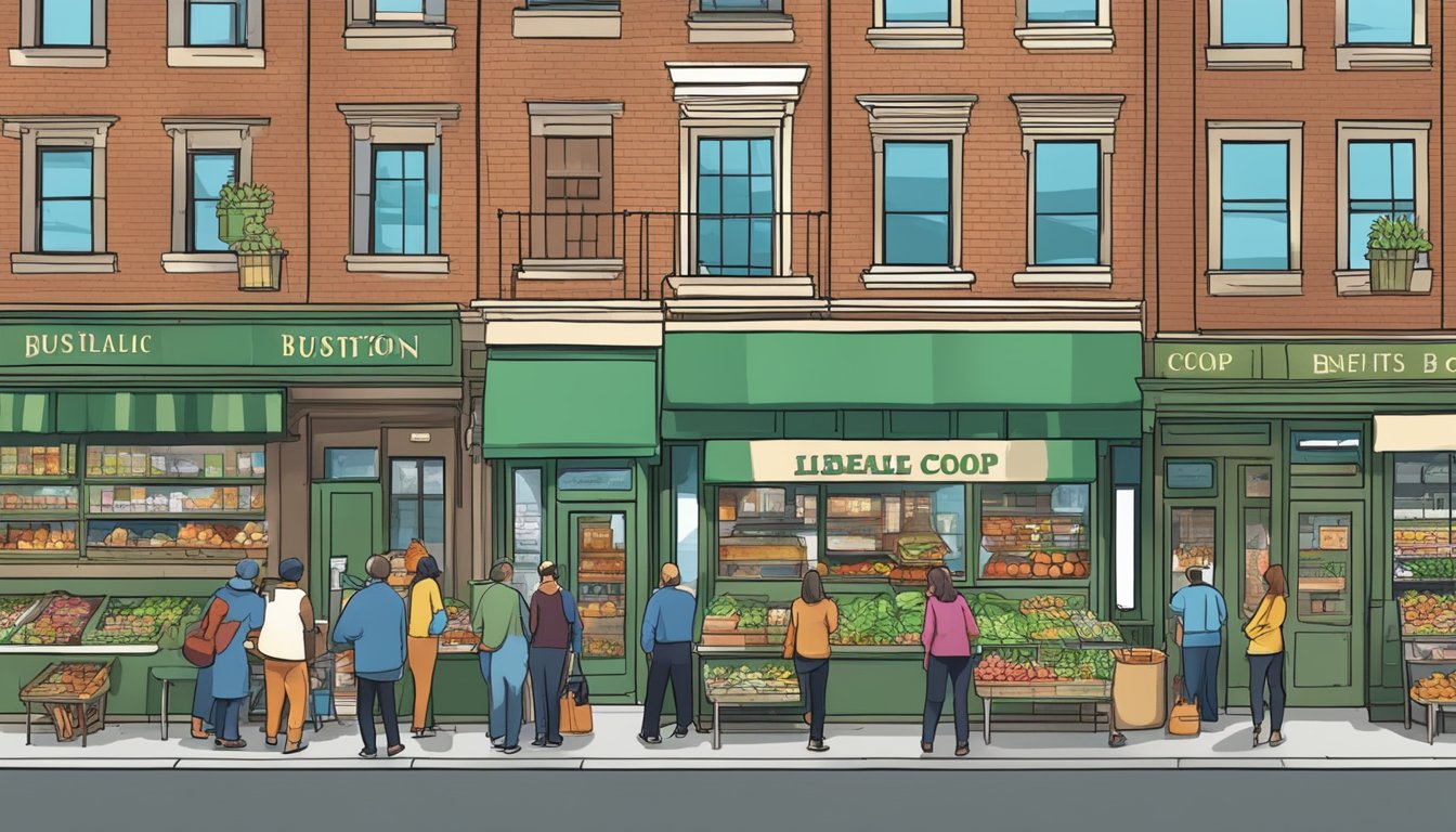 A bustling local food coop in Boston, MA, with members enjoying discounts and benefits