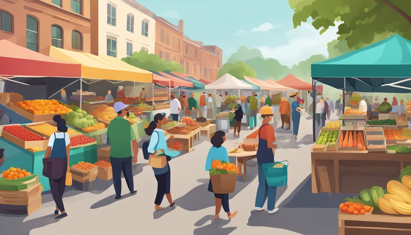 A bustling farmers market with colorful stalls and a variety of fresh produce, baked goods, and artisanal products. Customers chat with vendors and sample local delicacies