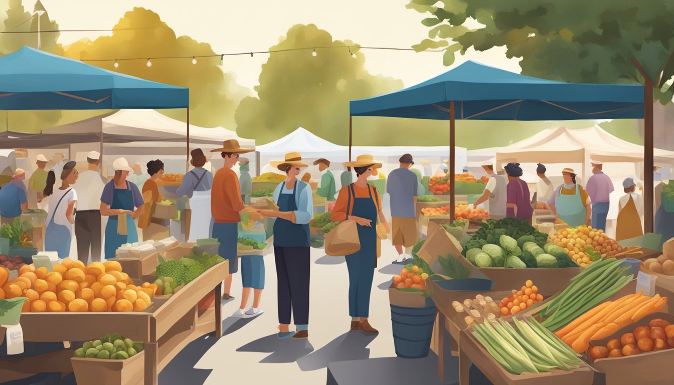 A bustling farmers market with a variety of fresh produce, dairy, and baked goods. Customers chat with local farmers and artisans