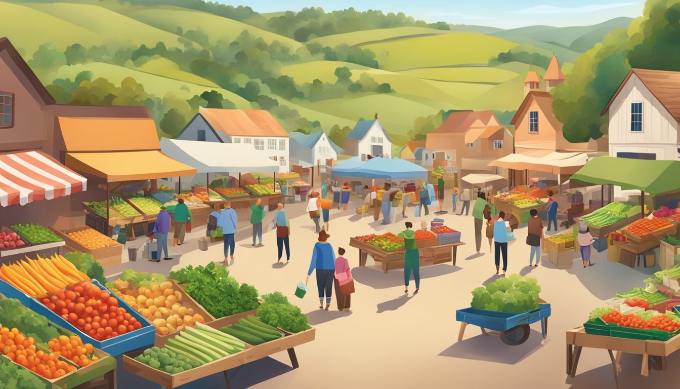 A bustling farmers market with colorful stalls and a variety of fresh produce, surrounded by rolling hills and quaint farmhouses