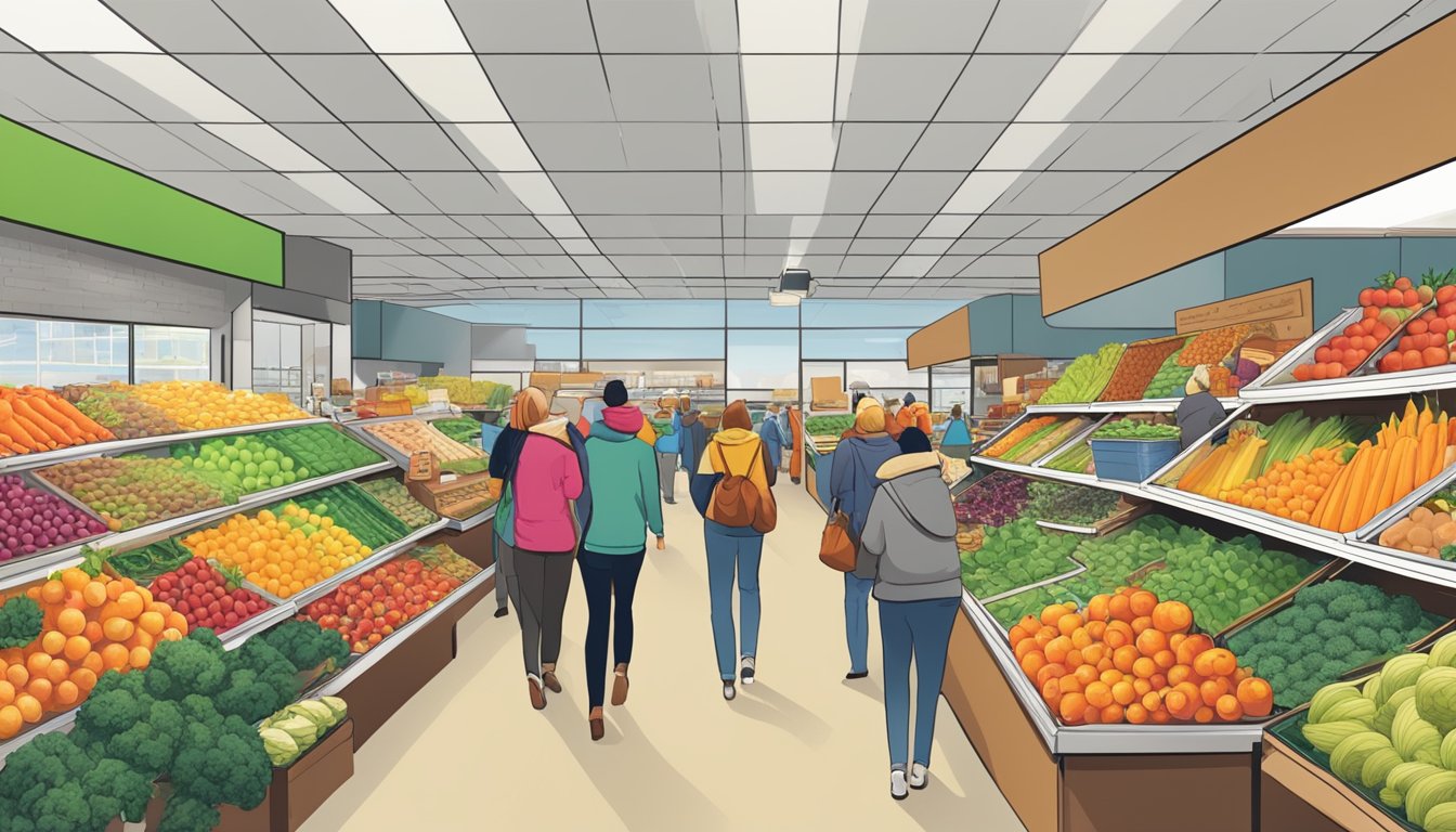 A bustling local food co-op in Salt Lake City, with colorful produce displays and a diverse crowd of shoppers browsing the aisles