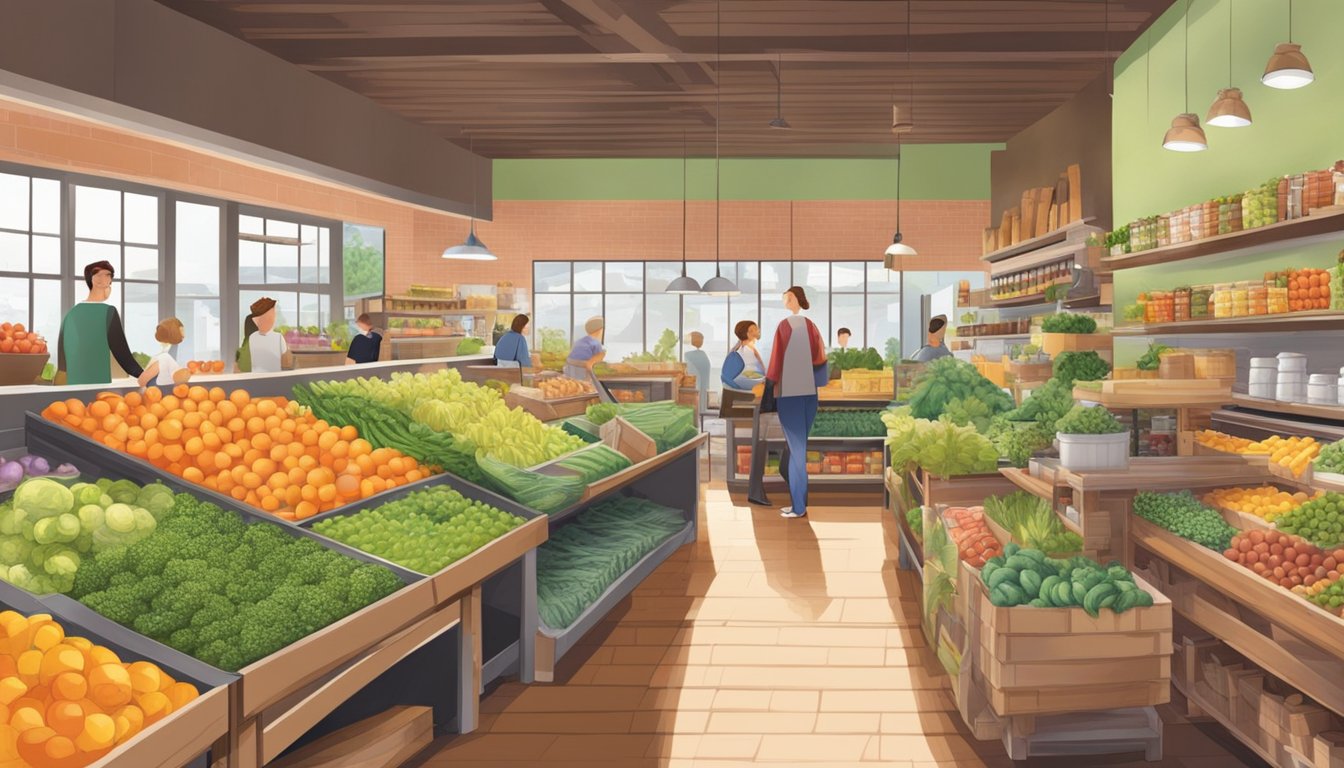 A bustling local food co-op with colorful produce, shelves of bulk goods, and a welcoming cafe area