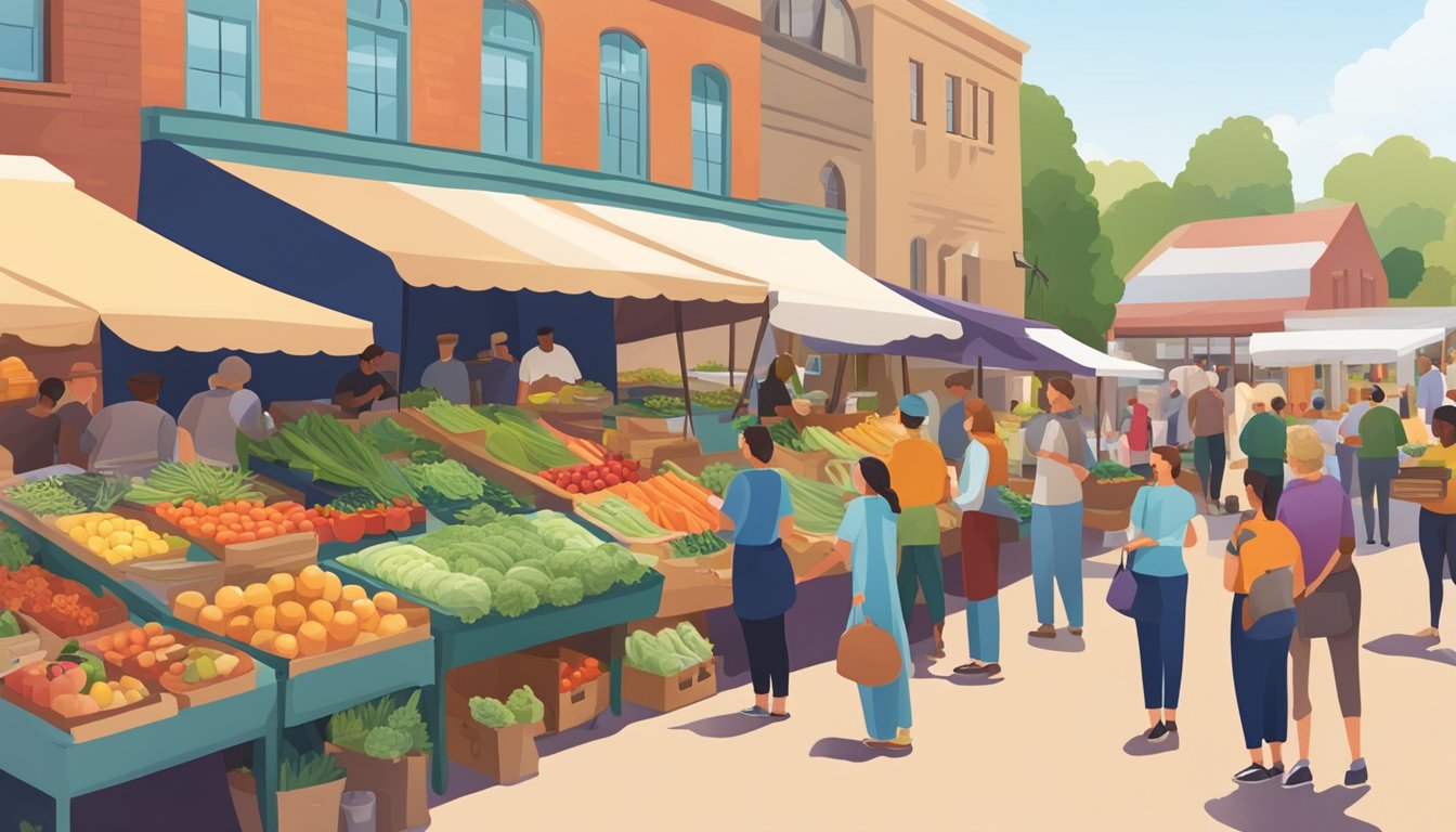 A bustling farmers market with colorful stalls and a variety of fresh produce. People chat and browse as they gather information from a local food coop guide