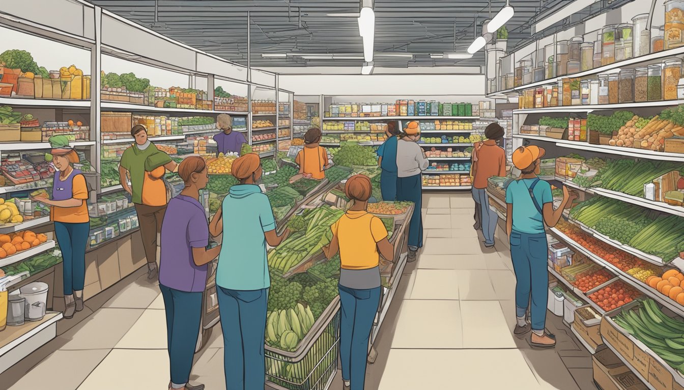 A bustling local food co-op in Salt Lake City, with members browsing shelves and staff restocking produce