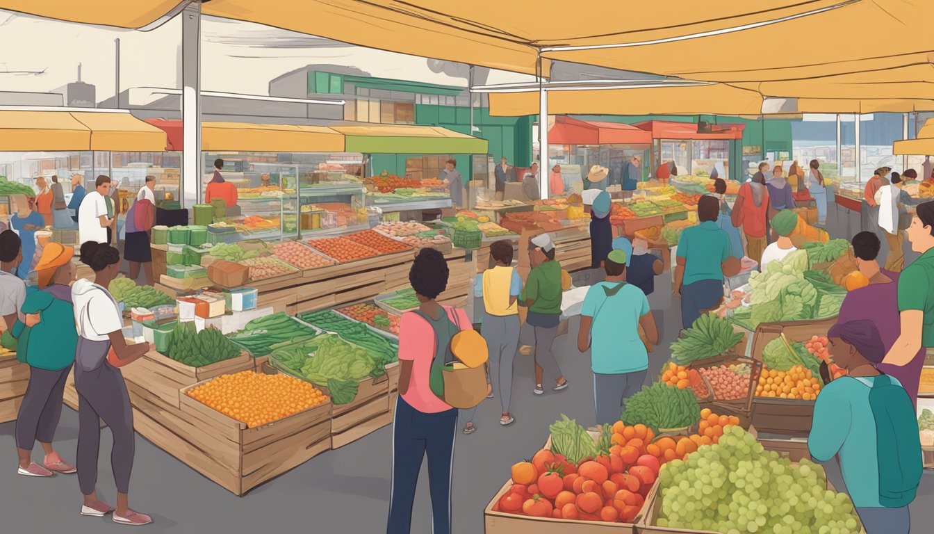 A bustling local food co-op market in Salt Lake City, Utah, with colorful produce, artisanal products, and a diverse crowd of shoppers