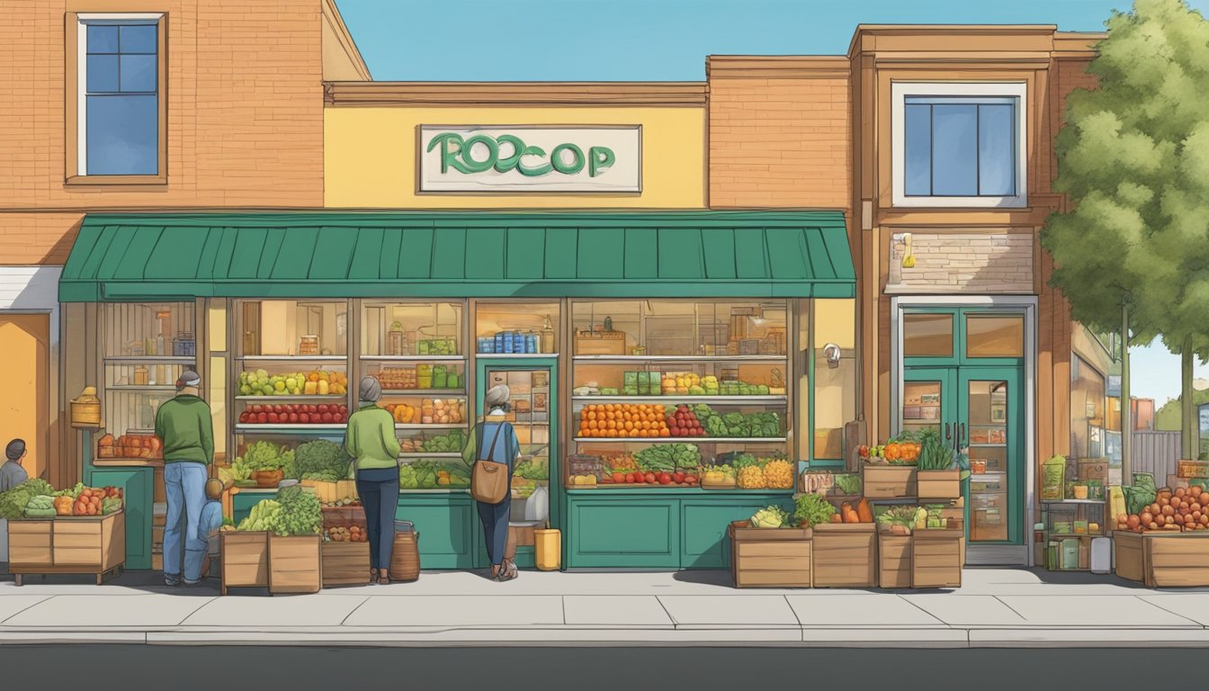 A bustling local food coop in Reno, NV, with colorful produce, shelves stocked with organic goods, and a friendly, community-oriented atmosphere