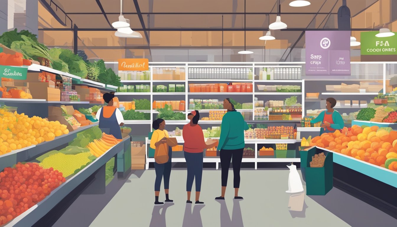 A bustling local food co-op with shelves stocked full of fresh produce, dairy, and other local goods. Customers chat with friendly staff as they peruse the colorful displays