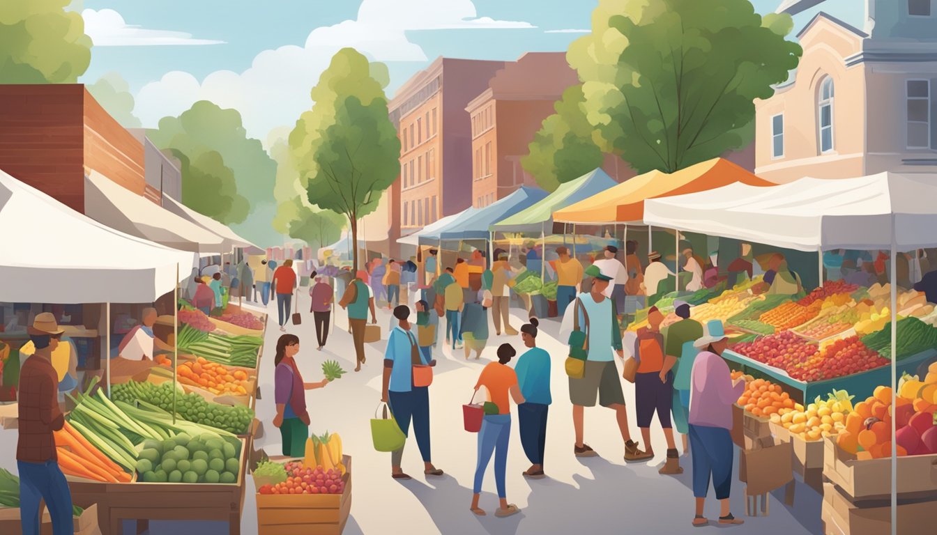 A bustling farmers' market with colorful produce, local vendors, and community members browsing and chatting