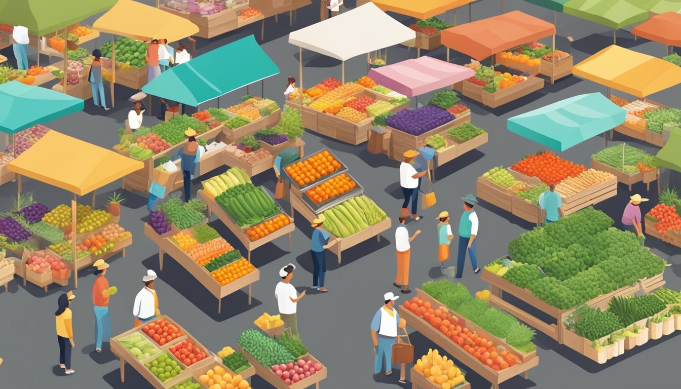 A bustling farmers' market with colorful produce stalls and eco-friendly vendors promoting organic and sustainable practices