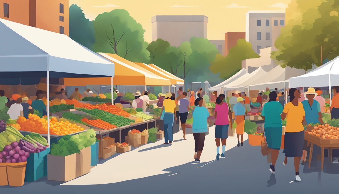 A bustling farmers' market with colorful stalls and diverse produce, surrounded by a vibrant community in Tallahassee, FL