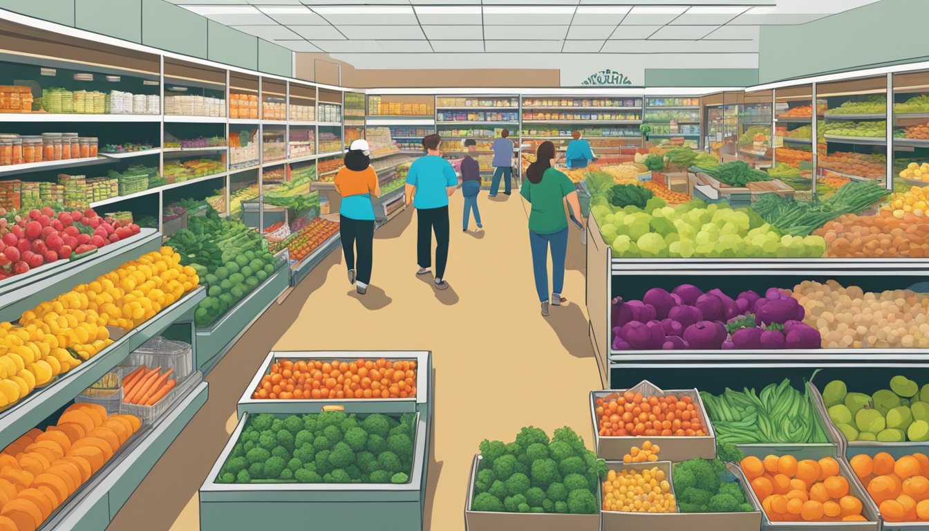 A bustling local food co-op in Tallahassee, FL with colorful produce, shelves stocked with goods, and customers browsing the aisles