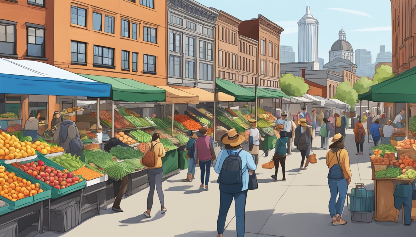 A bustling farmers' market with colorful stalls and fresh produce, set against a backdrop of historic buildings in Seattle's North End