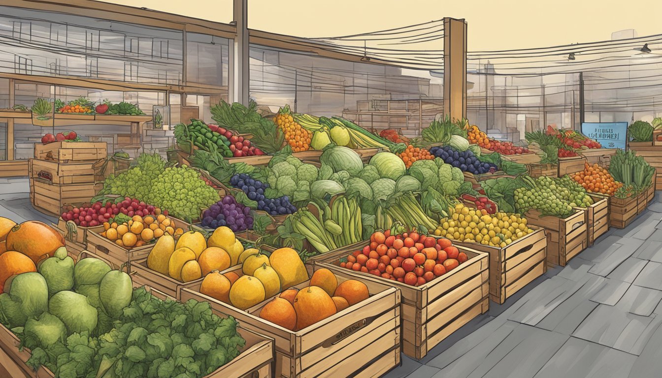 A colorful array of fresh fruits and vegetables arranged on wooden crates at a bustling local food co-op in Seattle, WA