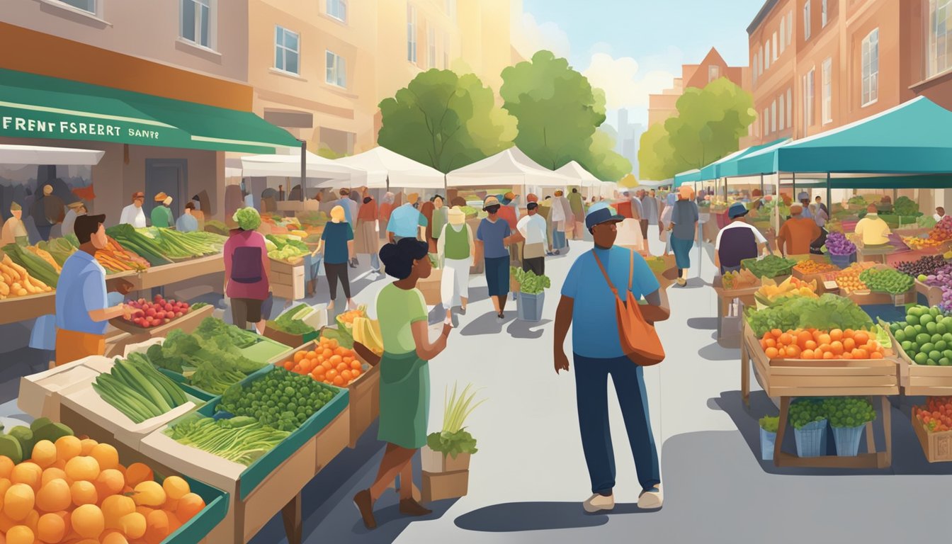 A bustling farmers' market with vendors selling fresh produce and goods, surrounded by a diverse community of shoppers