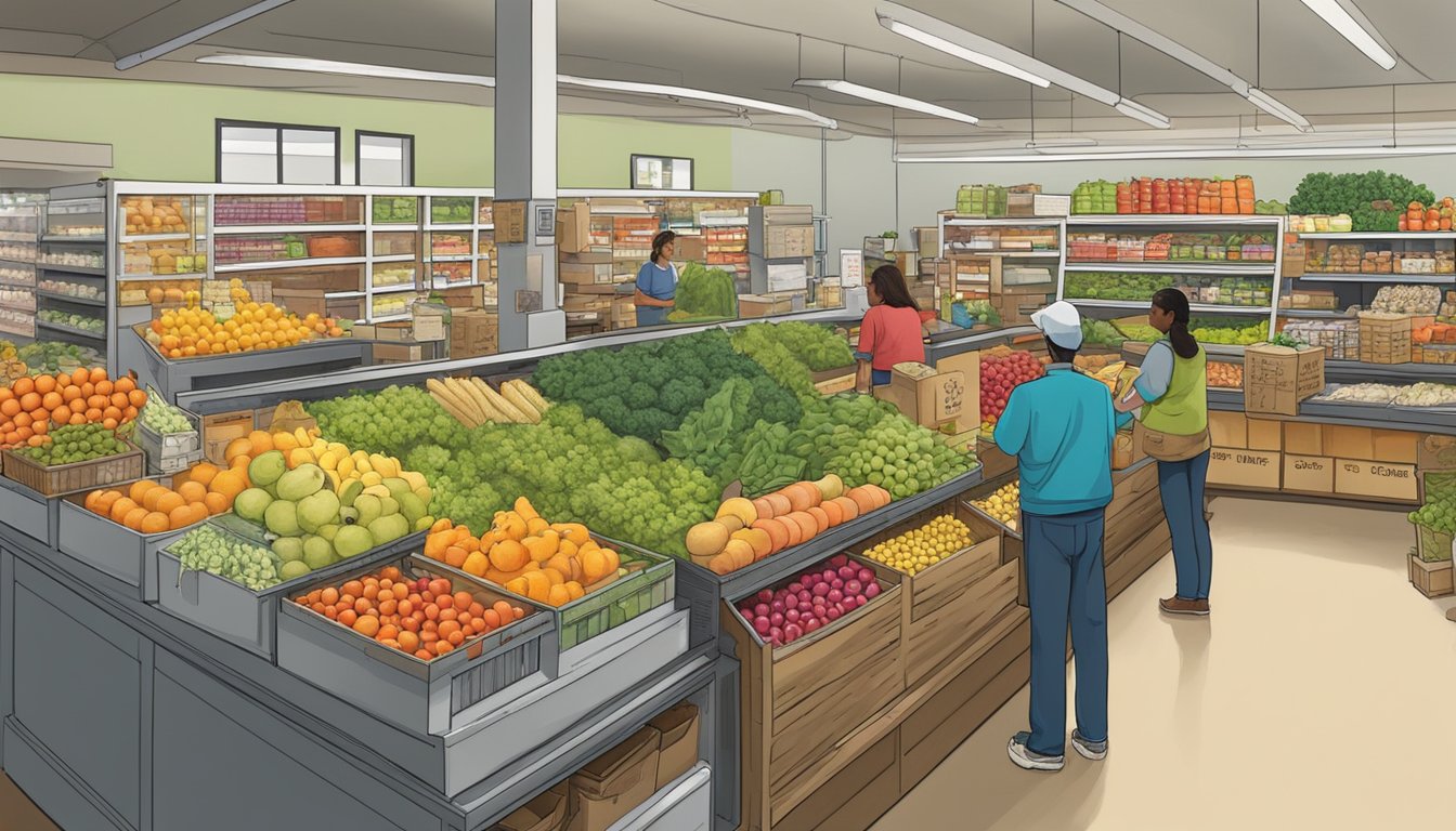 A bustling food co-op with colorful produce, bulk bins, and local products lining the shelves. Customers chat with friendly staff as they fill their baskets