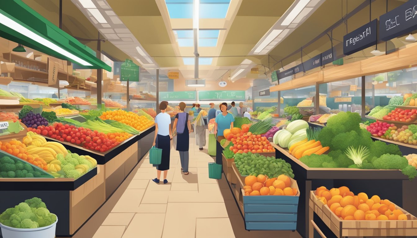 A bustling market with colorful produce, shelves stocked with organic goods, and a welcoming atmosphere