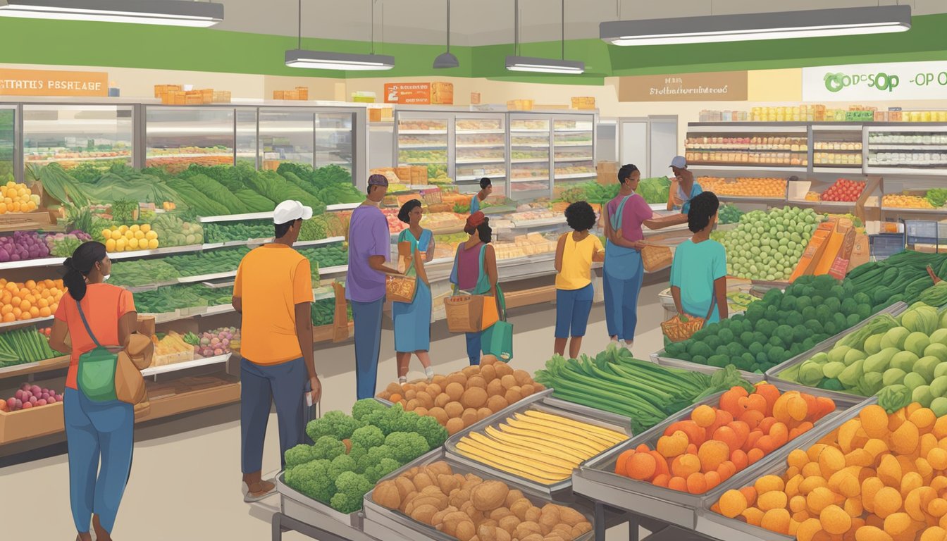 A bustling local food co-op in Tallahassee, FL, with colorful produce, friendly staff, and engaged customers browsing the aisles