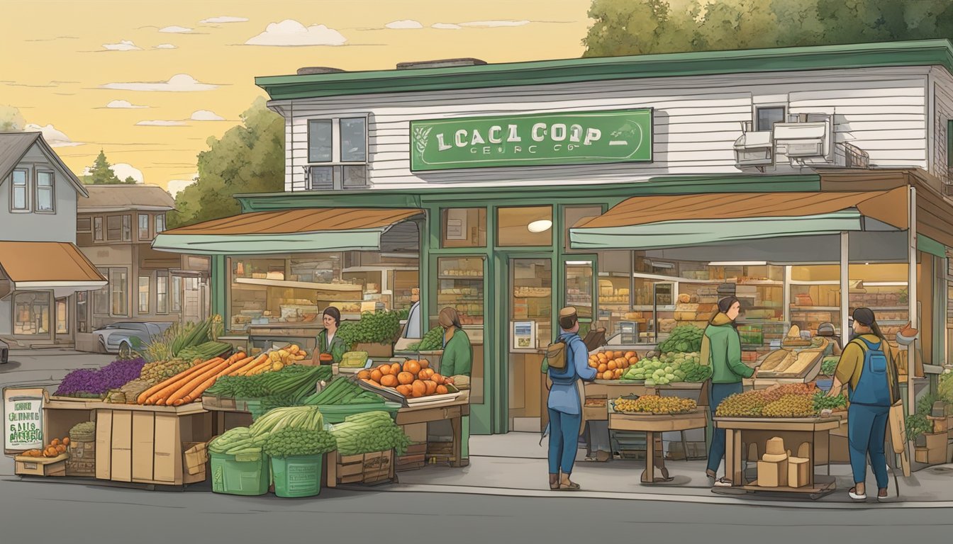 A bustling local food co-op in Tacoma, WA, with vendors selling organic produce, bulk grains, and sustainable household items