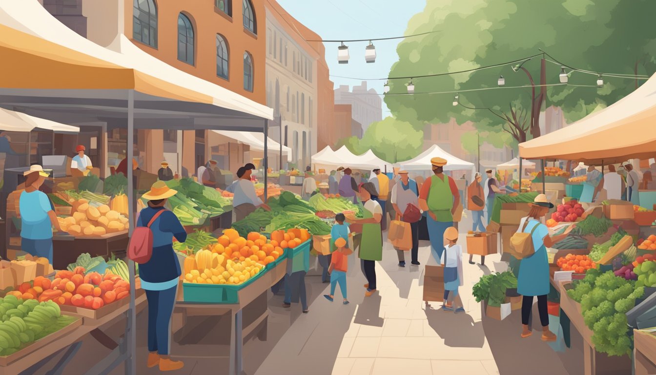 A bustling farmers' market with colorful produce stalls and a variety of locally-sourced goods. Busy customers browse and chat with vendors