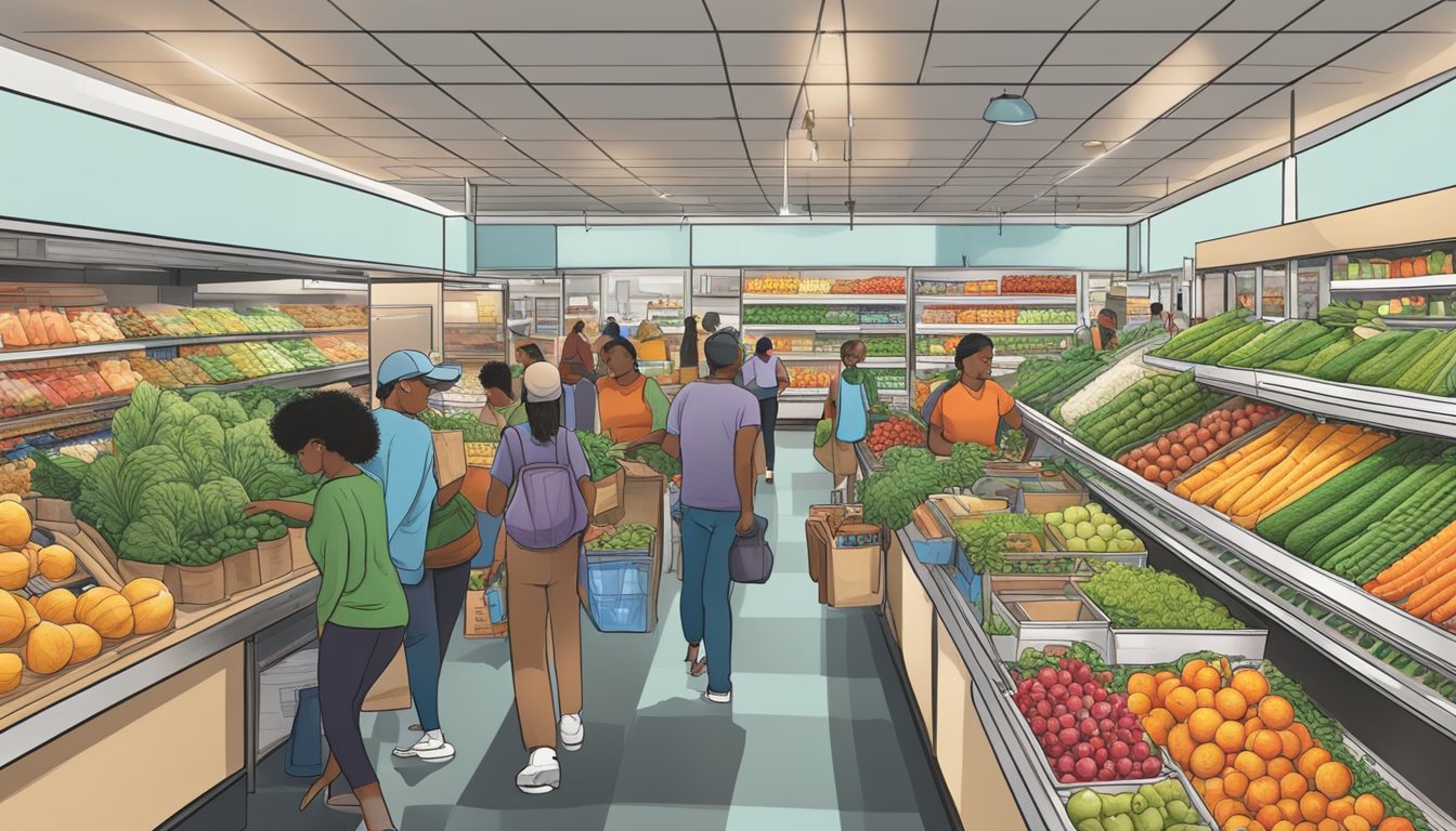 A bustling food cooperative in Houston, Texas, with fresh produce, local goods, and community members browsing the aisles